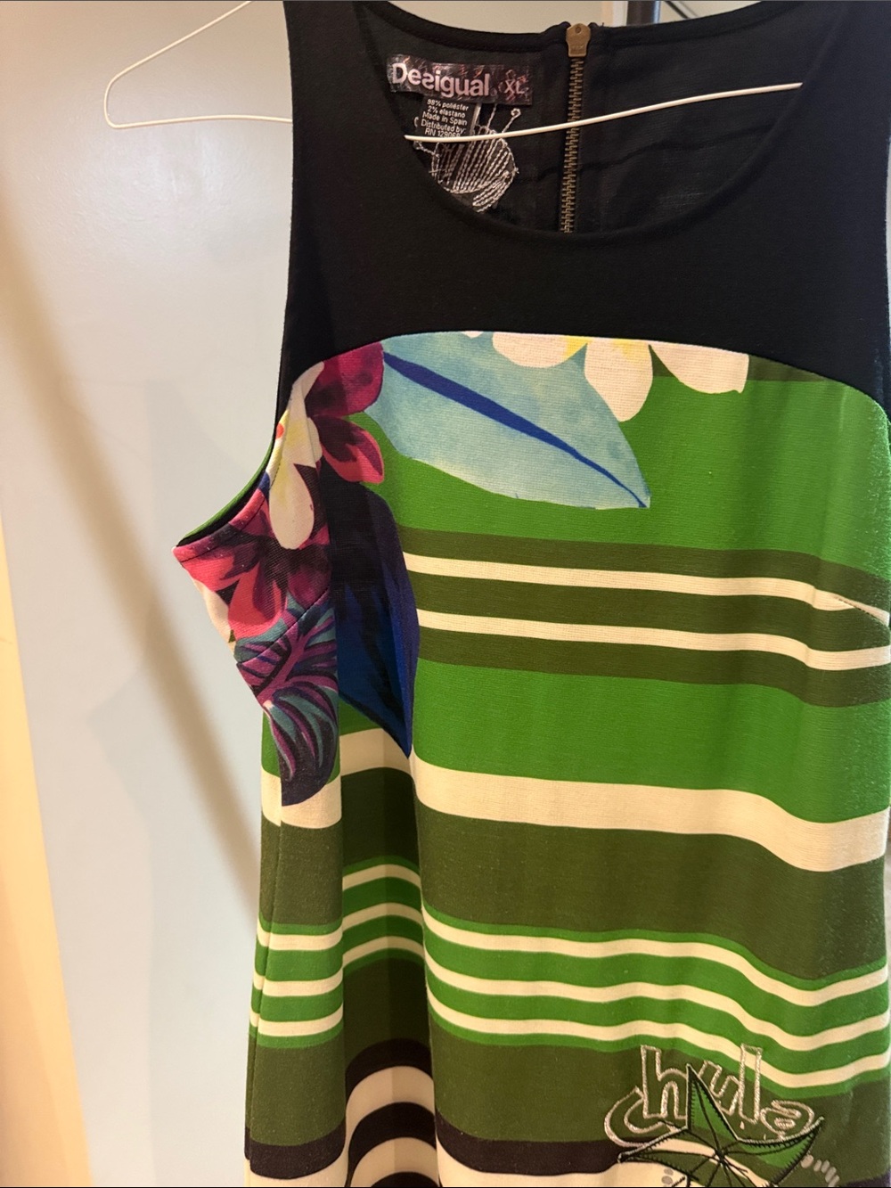 Desigual Black & Green Striped Floral Sleeveless Dress